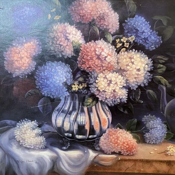 Vintage Vivian Flasch Artwork Print Hydrangeas & Silver 1998 Litho In USA Rare - Picture 3 of 11
